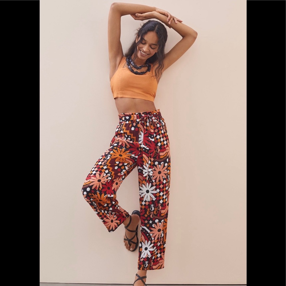 Anthropologie Farm Rio Daisy Wide Leg Pants in red with floral print L NWOT